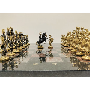 Шахматы эксклюзивные "Македонская Битва" коралловый мрамор, змеевик.