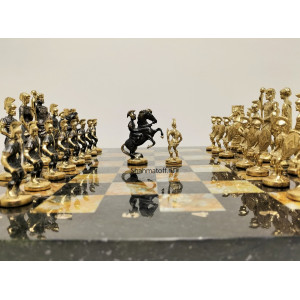 Шахматы эксклюзивные "Македонская Битва" бронза, горный агат, змеевик.