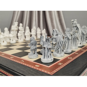 Шахматный ларец "Бастион" 45 см из мореного дуба с фигурами сказочных персонажей из литьевого мрамора